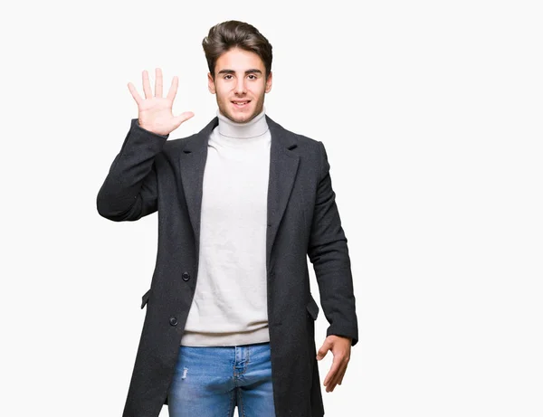 Young Elegant Man Wearing Winter Coat Isolated Background Showing Pointing — Stock Photo, Image