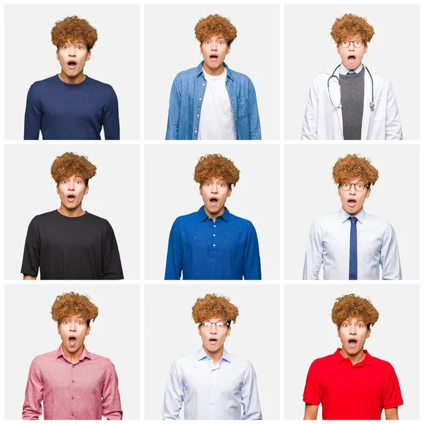 Collage Young Man Wearing Different Looks Isolated White Background Afraid — Stock Photo, Image