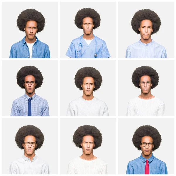 拼贴的年轻人与非洲的头发在白色孤立的背景怀疑和紧张 皱眉不安 因为问题 消极的人 — 图库照片