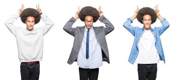 Colagem Jovem Com Cabelo Afro Sobre Fundo Isolado Branco Posando — Fotografia de Stock