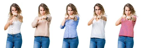 Collage Von Jungen Schönen Blonden Mädchen Über Isolierten Hintergrund Faustschlag — Stockfoto