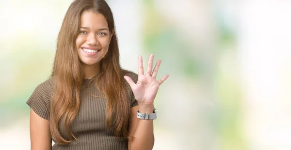 Молодая Красивая Брюнетка Женщина Изолированном Фоне Показывая Указывая Пальцами Номер — стоковое фото