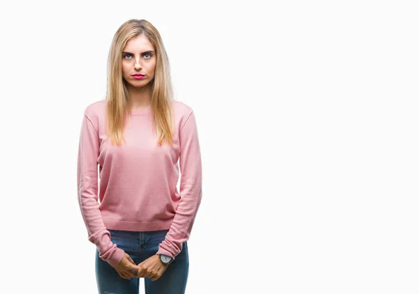 Joven Hermosa Mujer Rubia Con Suéter Invierno Rosa Sobre Fondo — Foto de Stock