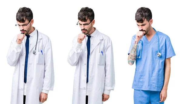 Collage Medico Che Indossa Cappotto Medico Sfondo Isolato Sensazione Malessere — Foto Stock