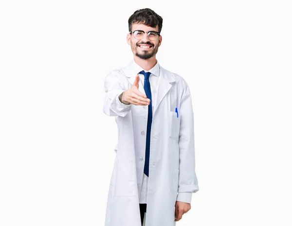 Young Professional Scientist Man Wearing White Coat Isolated Background Smiling — Stock Photo, Image