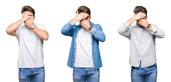 Collage Joven Guapo Con Gafas Sol Sobre Fondo Aislado Cubriendo —  Fotos de Stock