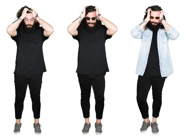 Collage Young Man Beard Long Hair White Isolated Background Suffering — Stock Photo, Image