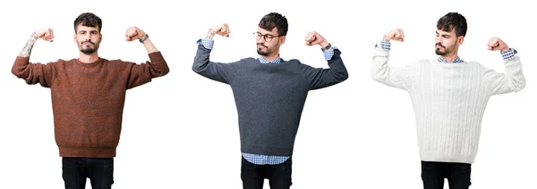 若い男のコラージュ 孤立した背景の上にセーターを着ている腕の筋肉が誇らしげに笑っている フィットネスコンセプト — ストック写真