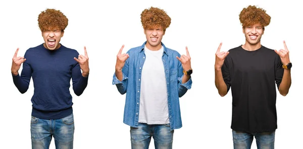 Koláž Mladých Mužů Kudrnatými Vlasy Osamělém Bílém Pozadí Vykřikuje Bláznivě — Stock fotografie