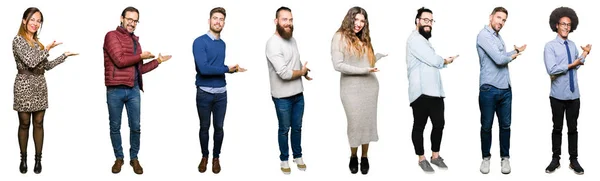 Collage Personer Över Vit Isolerade Bakgrund Inbjudande För Att Ange — Stockfoto