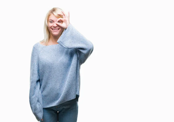 Jonge Mooie Blonde Vrouw Winter Trui Dragen Geïsoleerde Achtergrond Doen — Stockfoto