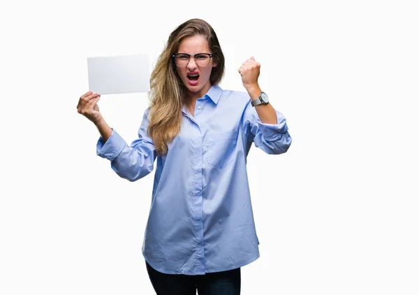 Young Beautiful Blonde Business Woman Holding Blank Card Isolated Background — Stock Photo, Image