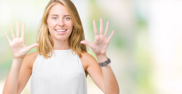 Beautiful young elegant woman over isolated background showing and pointing up with fingers number ten while smiling confident and happy.