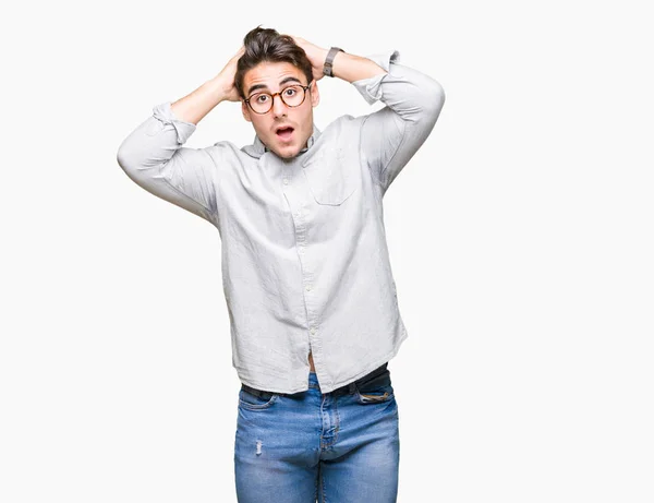 Young Handsome Man Wearing Glasses Isolated Background Crazy Scared Hands — Stock Photo, Image