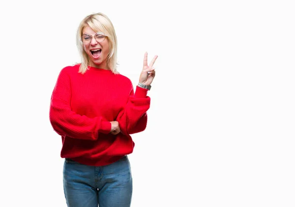 Junge Schöne Blonde Frau Mit Pullover Und Brille Vor Isoliertem — Stockfoto