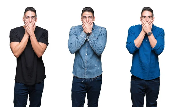 Collage Handsome Man White Isolated Background Shocked Covering Mouth Hands — Stock Photo, Image