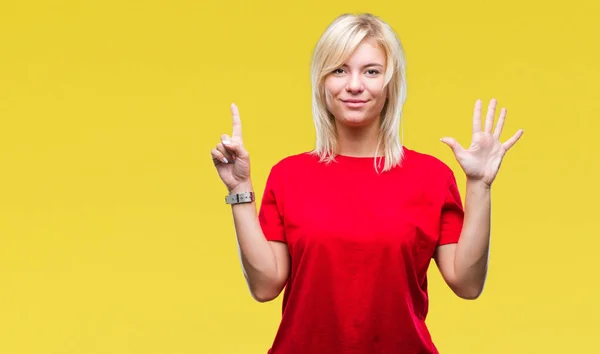 Giovane Bella Donna Bionda Che Indossa Shirt Rossa Sfondo Isolato — Foto Stock