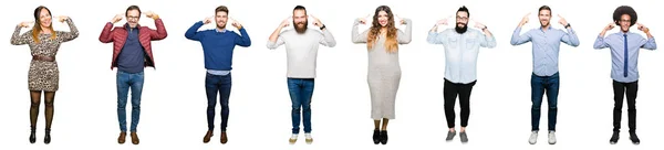 Collage Personas Sobre Fondo Blanco Aislado Sonriendo Apuntando Cabeza Con — Foto de Stock