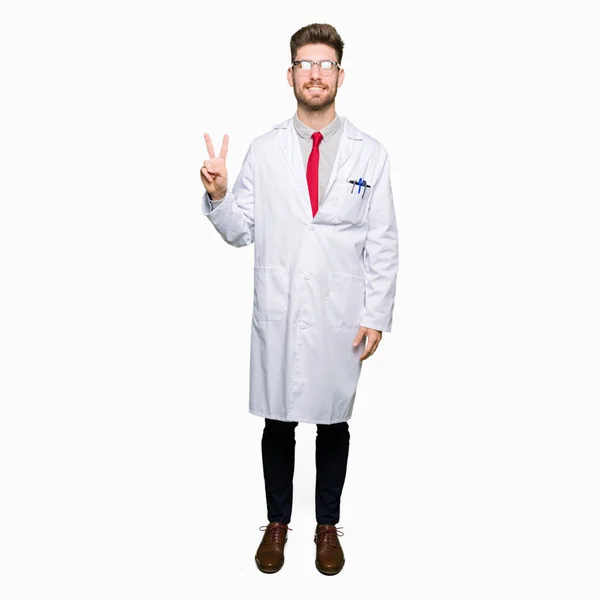 Young Handsome Scientist Man Wearing Glasses Showing Pointing Fingers Number — Stock Photo, Image