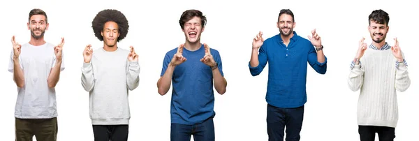 Колаж Групи Людей Над Білим Ізольованим Тлом Посміхаючись Перетинаючи Пальці — стокове фото