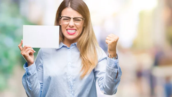 Young Beautiful Business Woman Holding Blank Card Isolated Background Annoyed — Stock Photo, Image