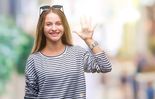 Young Beautiful Blonde Woman Wearing Sunglasses Isolated Background Showing Pointing — Stock Photo, Image