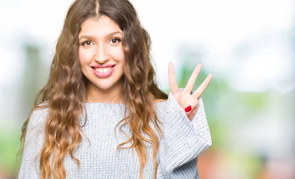 Giovane Bella Donna Che Indossa Maglione Invernale Mostrando Indicando Con — Foto Stock