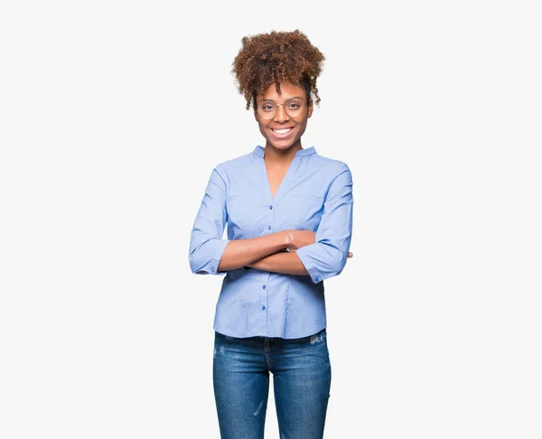 Gyönyörű Fiatal Afro Amerikai Üzletasszony Arcára Elszigetelt Háttér Boldog Mosolyog — Stock Fotó
