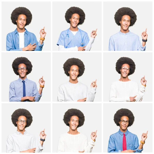 Collage of young man with afro hair over white isolated background with a big smile on face, pointing with hand and finger to the side looking at the camera.