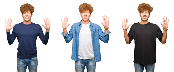 孤立した白い背景の上に巻き毛を持つ若い男性のコラージュは 指で自信を持って 幸せに笑顔で10を示している — ストック写真