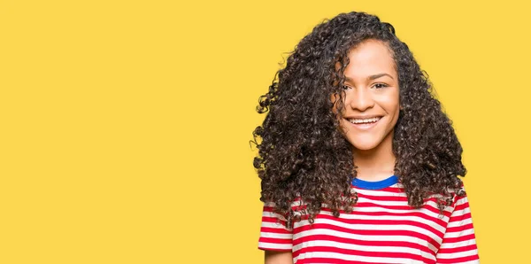 Young Beautiful Woman Curly Hair Wearing Stripes Shirt Happy Cool — Stock Photo, Image