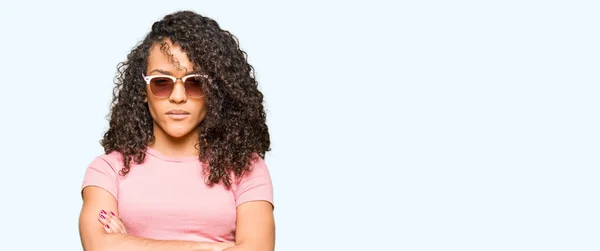 Young Beautiful Woman Curly Hair Wearing Pink Sunglasses Skeptic Nervous — Stock Photo, Image