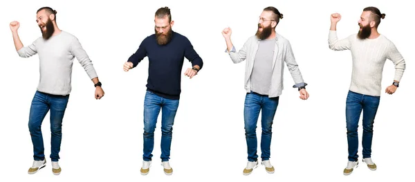 Collage Ung Man Med Bulle Över Vit Isolerad Bakgrund Dancing — Stockfoto