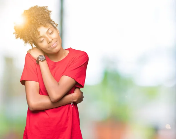 Beautiful Young African American Woman Isolated Background Hugging Oneself Happy — Stock Photo, Image