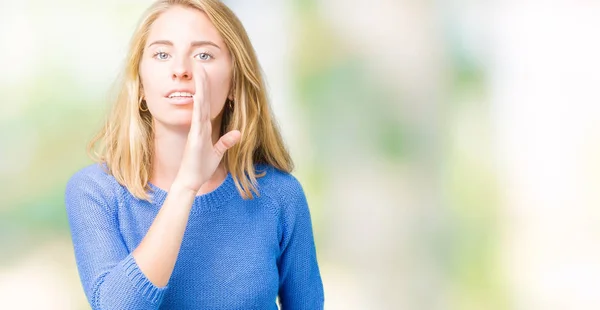 Beautiful Young Woman Wearing Blue Sweater Isolated Background Hand Mouth — Stock Photo, Image