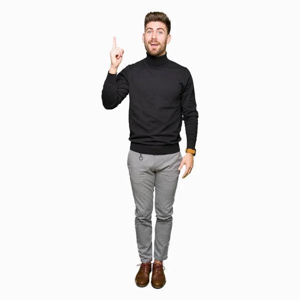 Young Handsome Blond Man Wearing Winter Sweater Pointing Finger Successful — Stock Photo, Image