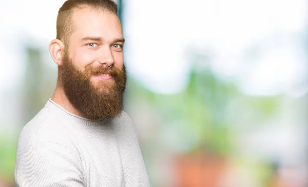 Young Blond Man Wearing Casual Sweater Inviting Enter Smiling Natural — Stock Photo, Image