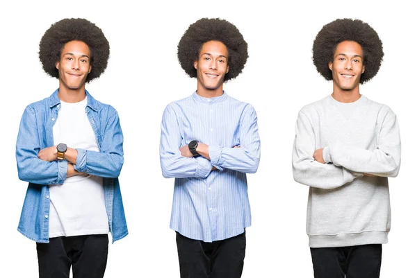 Koláž Mladého Muže Afro Vlasy Bílé Izolované Pozadí Šťastný Obličej — Stock fotografie