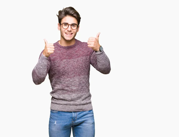 Joven Hombre Guapo Con Gafas Sobre Signo Éxito Fondo Aislado —  Fotos de Stock