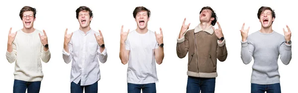 Collage Hombre Joven Sobre Fondo Blanco Aislado Gritando Con Expresión —  Fotos de Stock