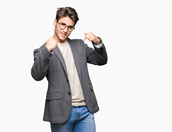 Junger Geschäftsmann Mit Brille Vor Isoliertem Hintergrund Sieht Selbstbewusst Aus — Stockfoto