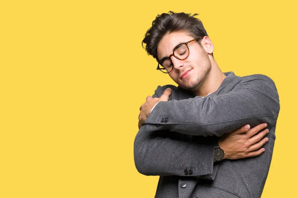 Young Business Man Wearing Glasses Isolated Background Hugging Oneself Happy — Stock Photo, Image
