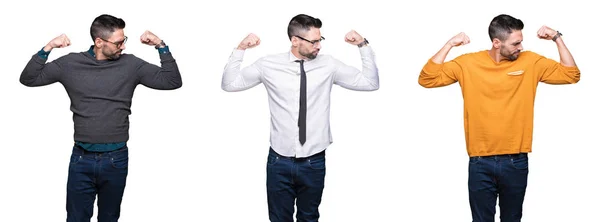 Collage Handsome Man White Isolated Background Showing Arms Muscles Smiling — Stock Photo, Image