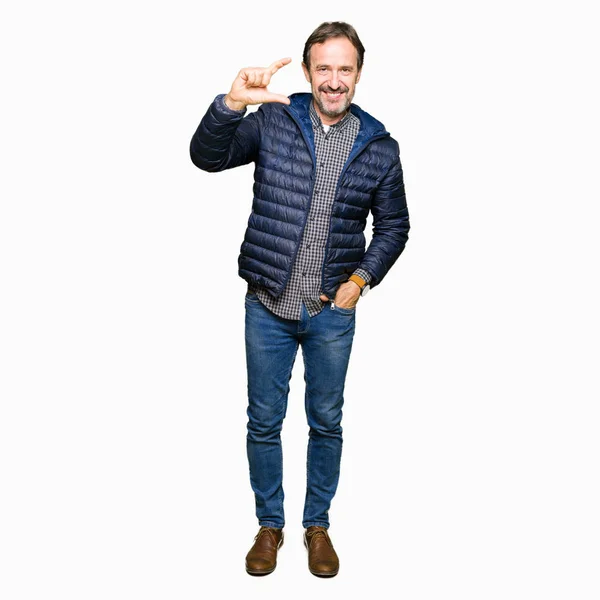 Middle Age Handsome Man Wearing Winter Coat Smiling Confident Gesturing — Stock Photo, Image