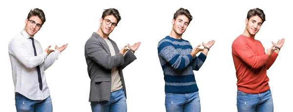 Collage Von Jungen Gutaussehenden Geschäftsmann Über Isolierten Hintergrund Einladend Lächelnd — Stockfoto