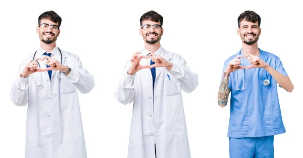 Collage Medico Che Indossa Cappotto Medico Sfondo Isolato Sorridente Amore — Foto Stock