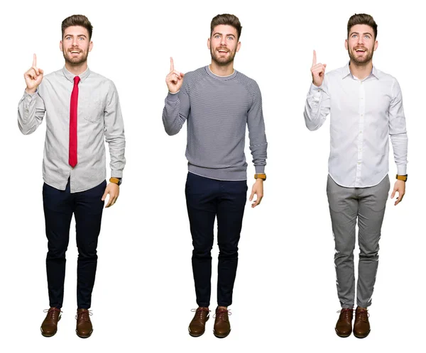 Collage Eines Gutaussehenden Jungen Geschäftsmannes Vor Weißem Isoliertem Hintergrund Der — Stockfoto