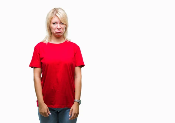Młoda Piękna Kobieta Blonde Noszenie Shirt Czerwony Białym Tle Depresji — Zdjęcie stockowe