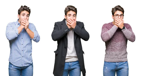 Collage Young Handsome Business Man Isolated Background Shocked Covering Mouth — Stock Photo, Image