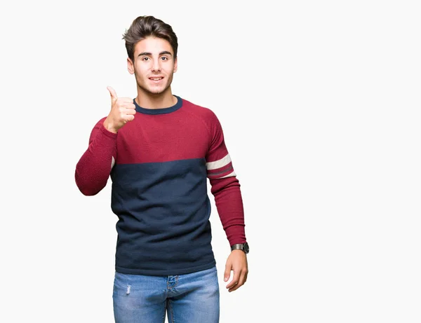 Joven Hombre Guapo Sobre Fondo Aislado Haciendo Pulgares Felices Gesto — Foto de Stock